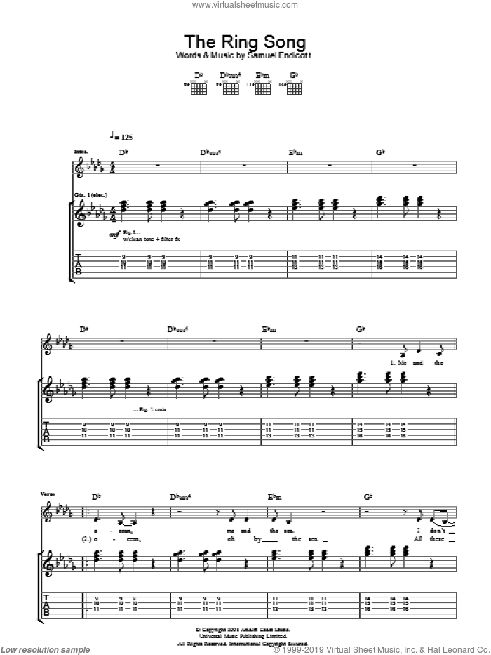 The Ring Song sheet music for guitar (tablature) by The Bravery and Samuel Endicott, intermediate skill level