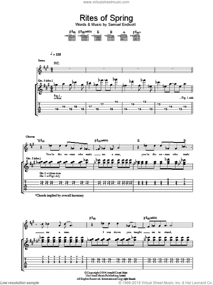 Rites Of Spring sheet music for guitar (tablature) by The Bravery and Samuel Endicott, intermediate skill level