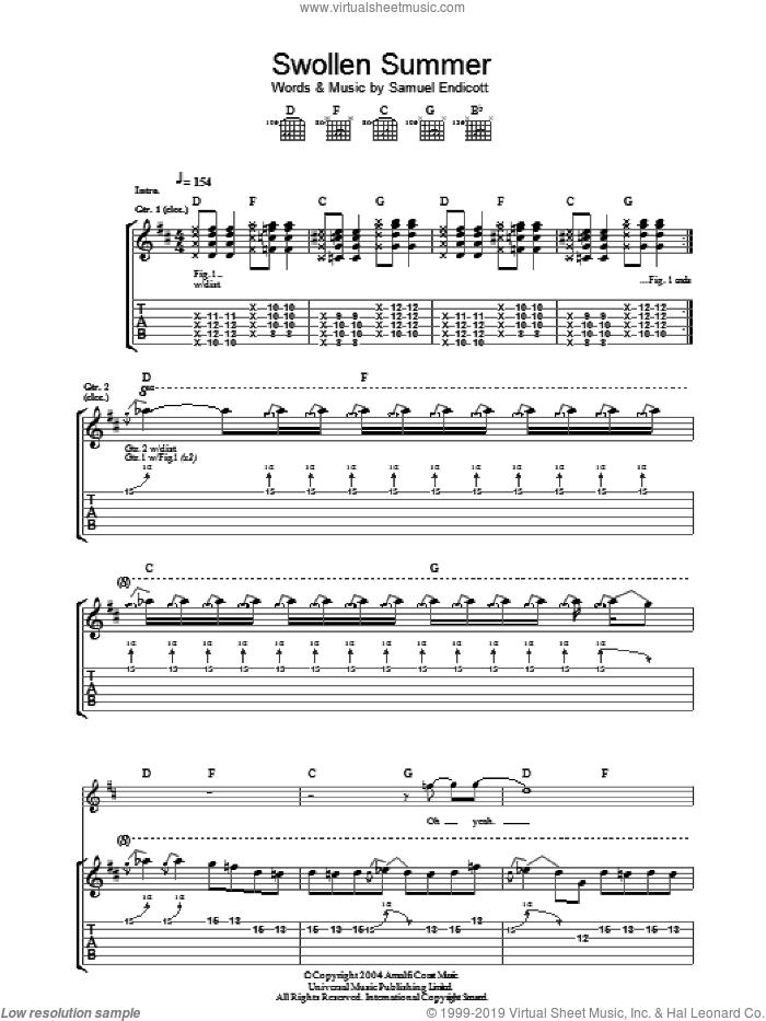 Swollen Summer sheet music for guitar (tablature) by The Bravery and Samuel Endicott, intermediate skill level