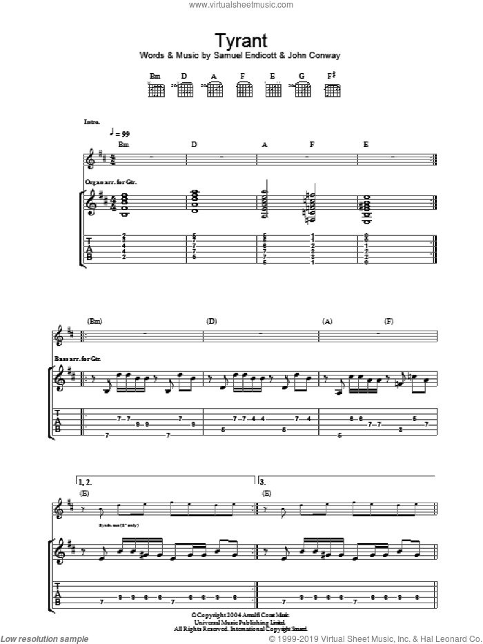 Tyrant sheet music for guitar (tablature) by The Bravery, John Conway and Samuel Endicott, intermediate skill level