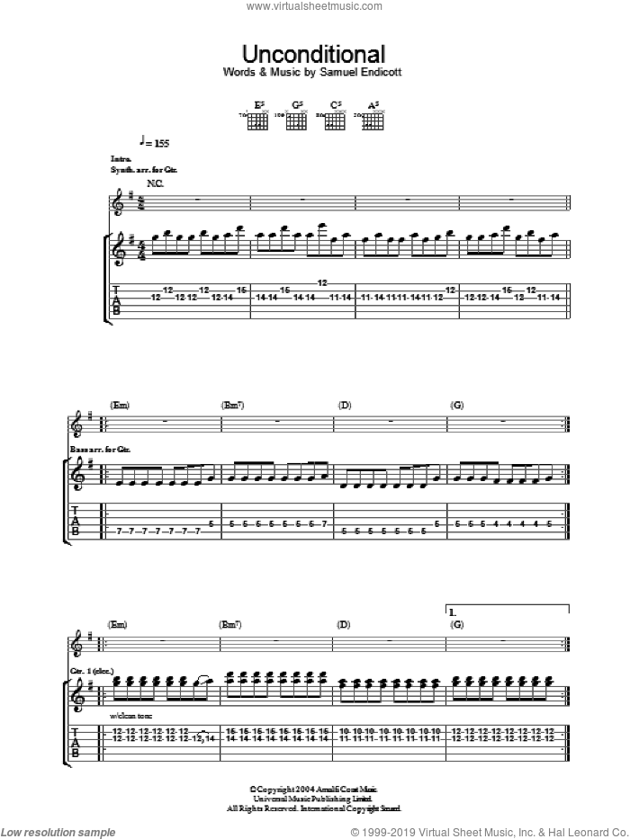 Unconditional sheet music for guitar (tablature) by The Bravery and Samuel Endicott, intermediate skill level