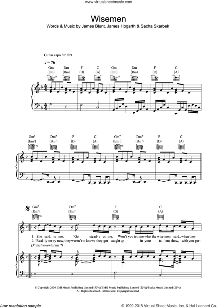 Wisemen sheet music for voice, piano or guitar by James Blunt, James Hogarth and Sacha Skarbek, intermediate skill level