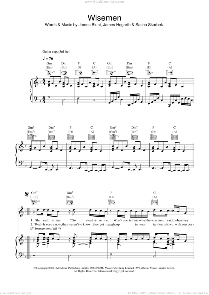 Wisemen sheet music for voice, piano or guitar by James Blunt, James Hogarth and Sacha Skarbek, intermediate skill level