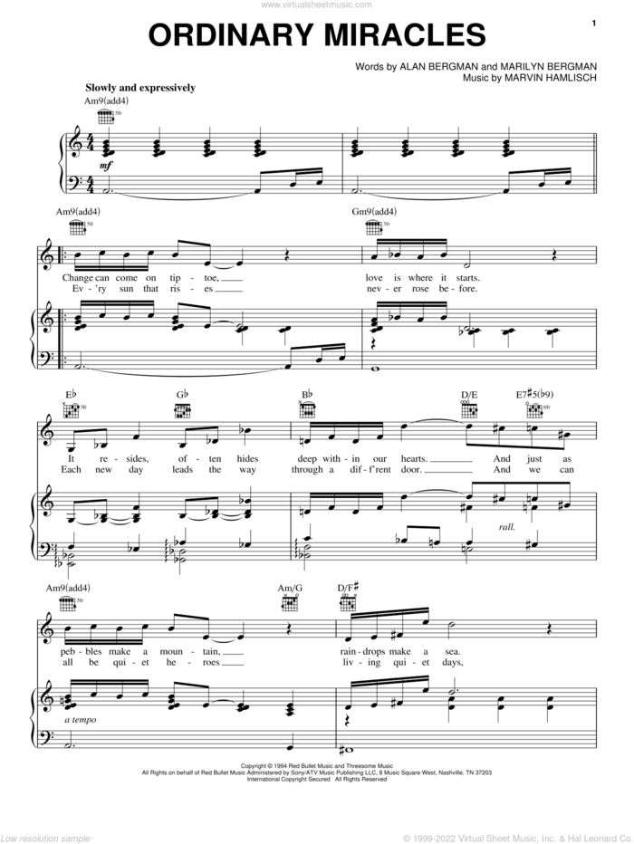 Ordinary Miracles sheet music for voice, piano or guitar by Barbra Streisand, Alan Bergman, Marilyn Bergman and Marvin Hamlisch, intermediate skill level