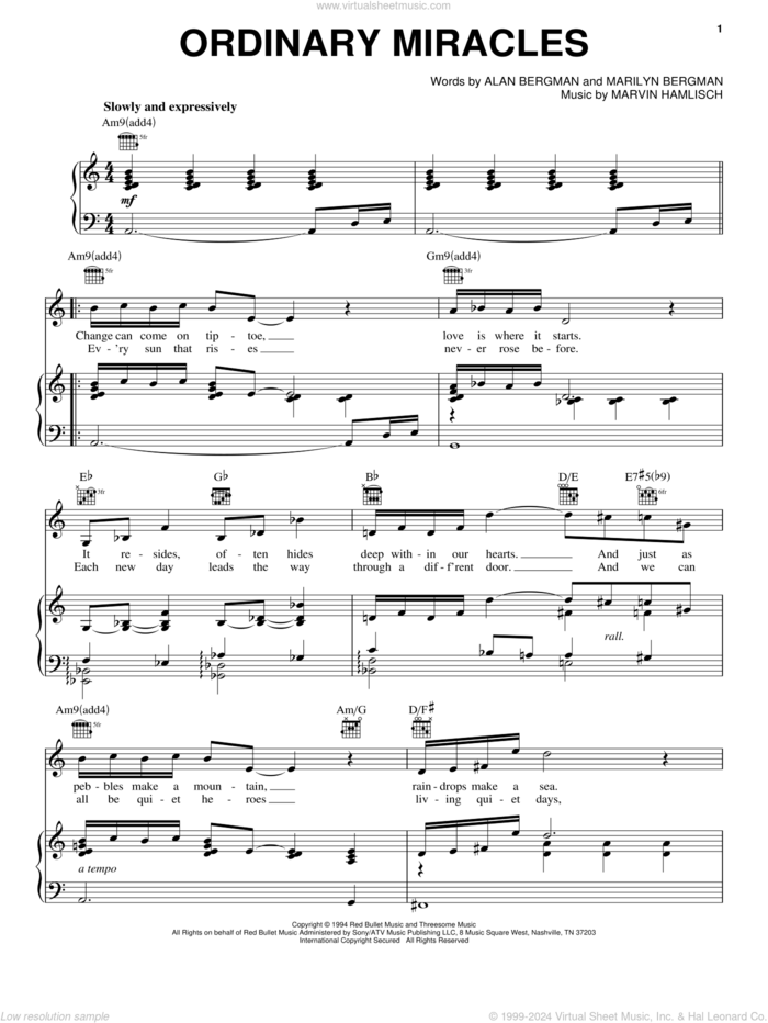 Ordinary Miracles sheet music for voice, piano or guitar by Barbra Streisand, Alan Bergman, Marilyn Bergman and Marvin Hamlisch, intermediate skill level