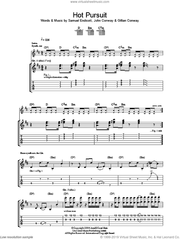 Hot Pursuit sheet music for guitar (tablature) by The Bravery, Gillian Conway, John Conway and Samuel Endicott, intermediate skill level