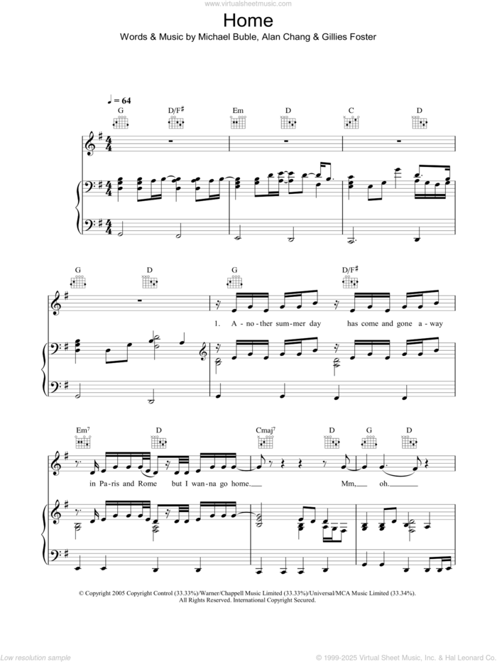 Michael Buble Home sheet music for voice, piano or guitar (PDF)