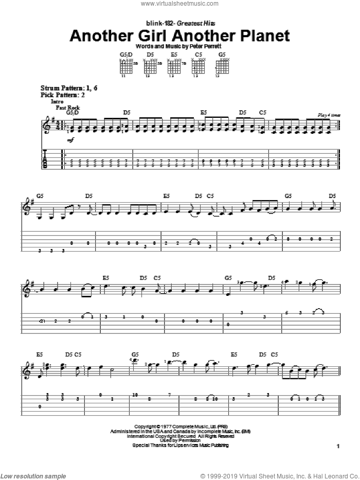 Another Girl Another Planet sheet music for guitar solo (easy tablature) by Blink-182 and Peter Perrett, easy guitar (easy tablature)