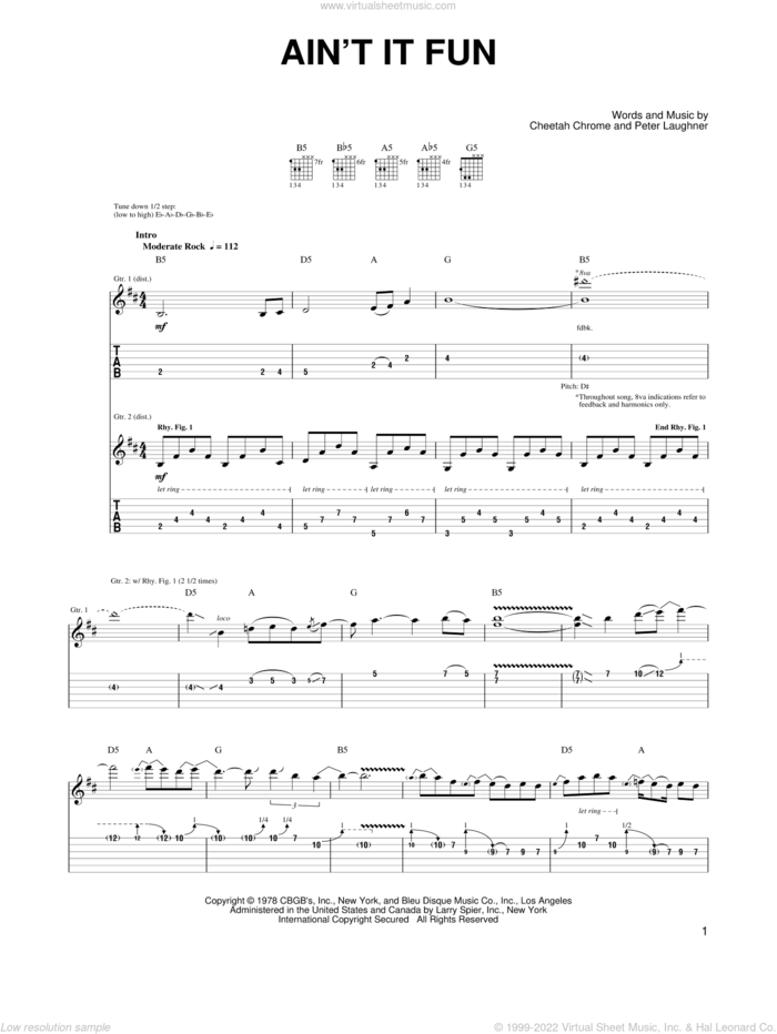Ain't It Fun sheet music for guitar (tablature) by Guns N' Roses, Cheetah Chrome and Peter Laughner, intermediate skill level