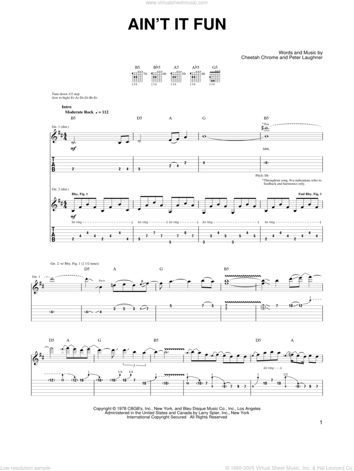 Ain't It Fun sheet music for guitar (tablature) by Guns N' Roses, Cheetah Chrome and Peter Laughner, intermediate skill level