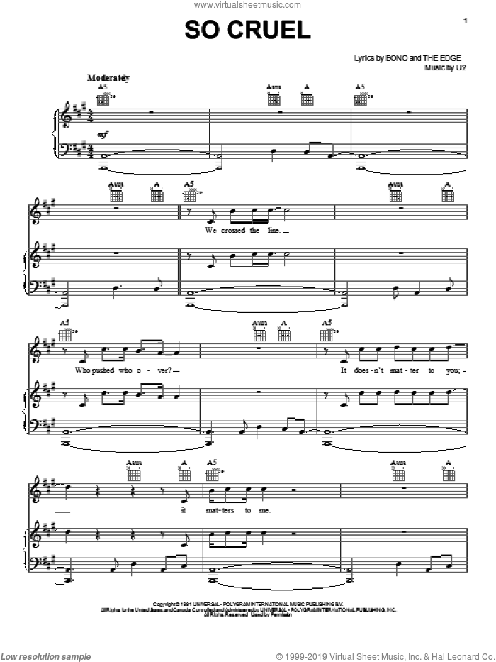 So Cruel sheet music for voice, piano or guitar by U2, Bono and The Edge, intermediate skill level