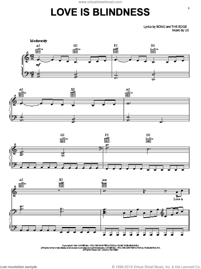 Love Is Blindness sheet music for voice, piano or guitar by U2, Bono and The Edge, intermediate skill level