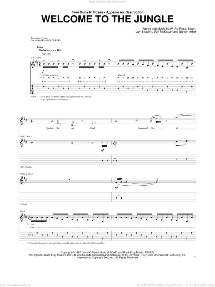 Welcome To The Jungle sheet music for guitar (tablature) by Guns N' Roses, Axl Rose, Duff McKagan, Slash and Steven Adler, intermediate skill level