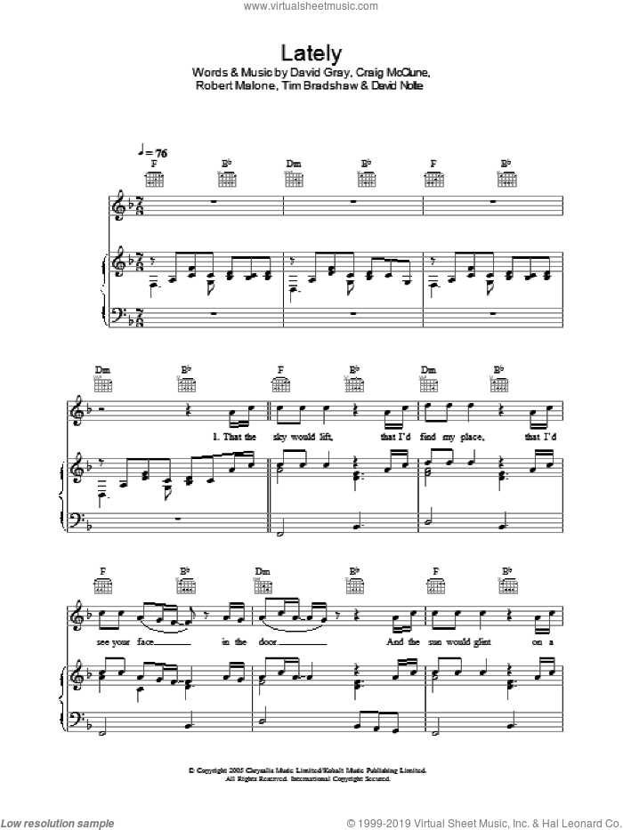 Lately sheet music for voice, piano or guitar by David Gray, Craig McClune, David Nolte, Robbie Malone and Tim Bradshaw, intermediate skill level