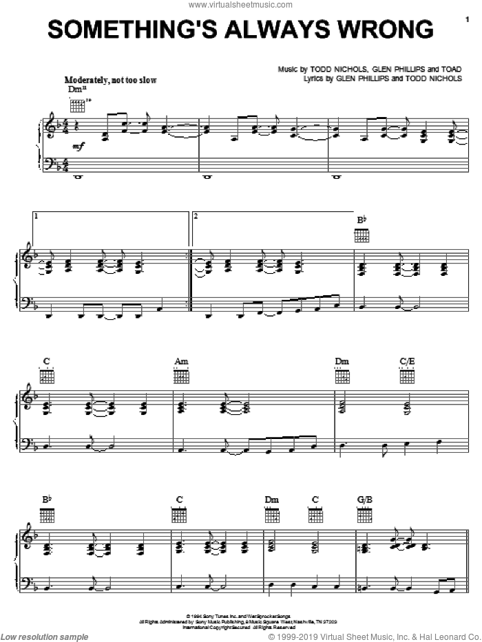 Something's Always Wrong sheet music for voice, piano or guitar by Toad The Wet Sprocket, Glen Phillips, Toad and Todd Nichols, intermediate skill level