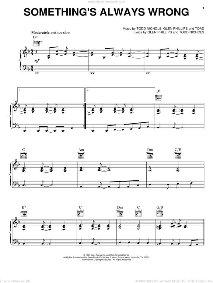 Something's Always Wrong sheet music for voice, piano or guitar by Toad The Wet Sprocket, Glen Phillips, Toad and Todd Nichols, intermediate skill level