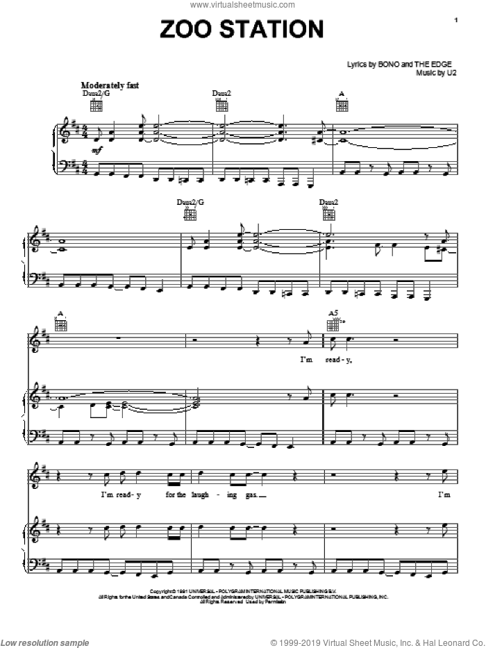 Zoo Station sheet music for voice, piano or guitar by U2, Bono and The Edge, intermediate skill level