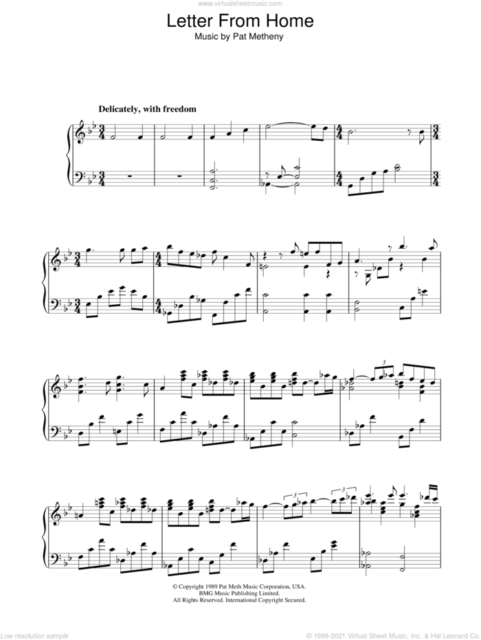 Letter From Home sheet music for piano solo by Pat Metheny, intermediate skill level
