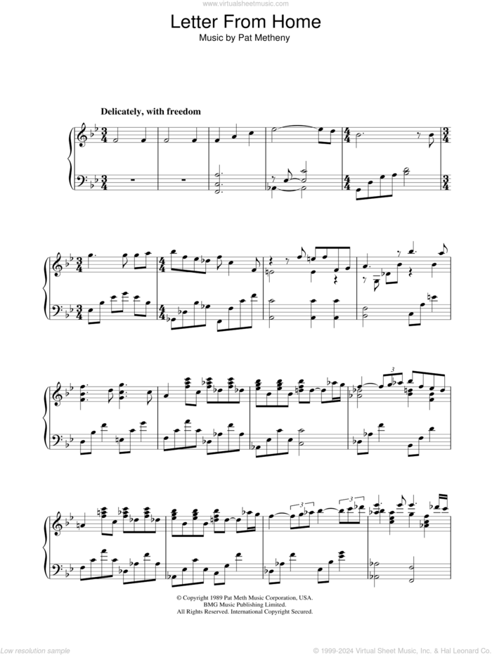 Letter From Home sheet music for piano solo by Pat Metheny, intermediate skill level