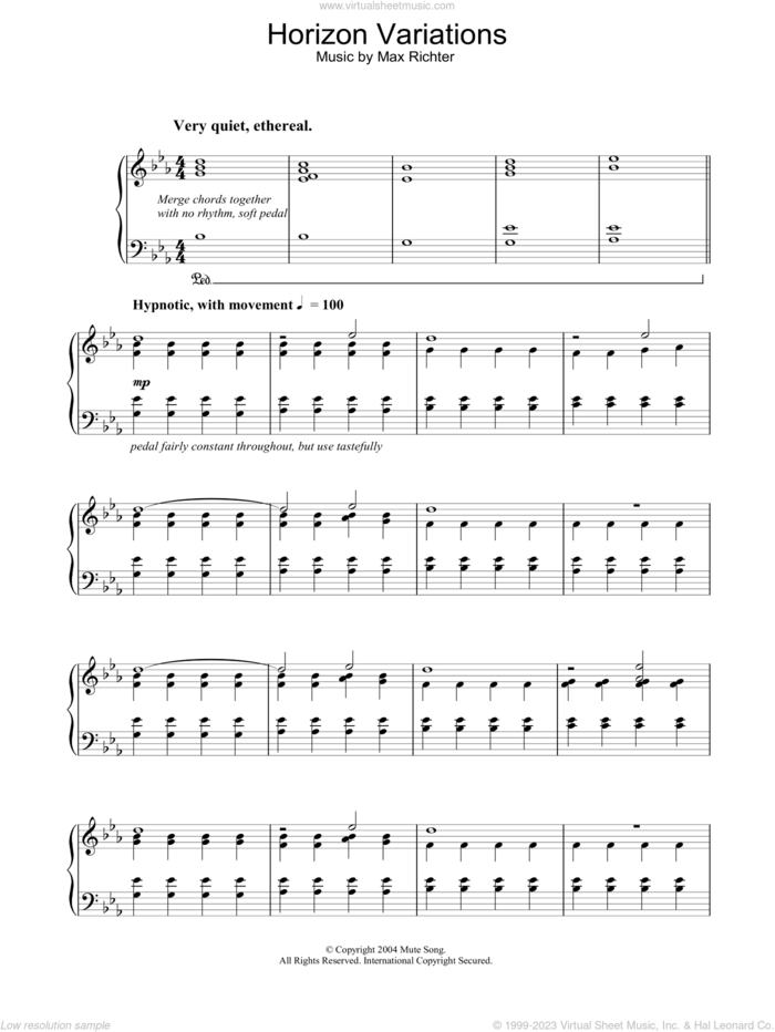 Horizon Variations sheet music for piano solo by Max Richter, classical score, intermediate skill level