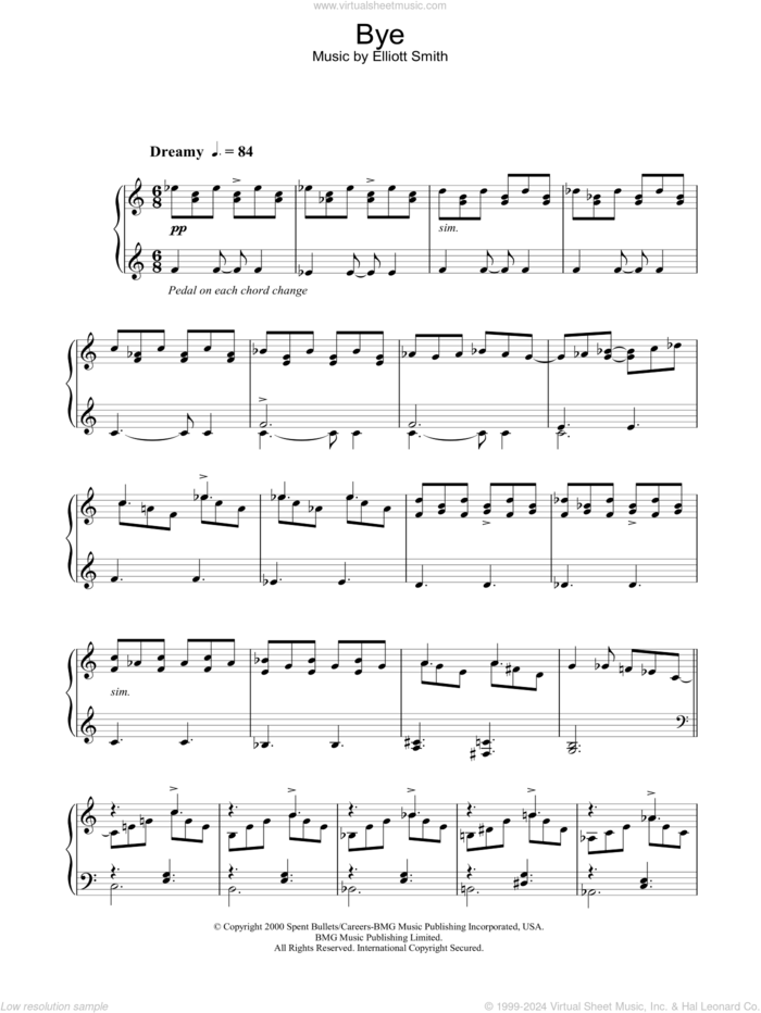 Bye sheet music for piano solo by Elliot Smith and Elliott Smith, intermediate skill level