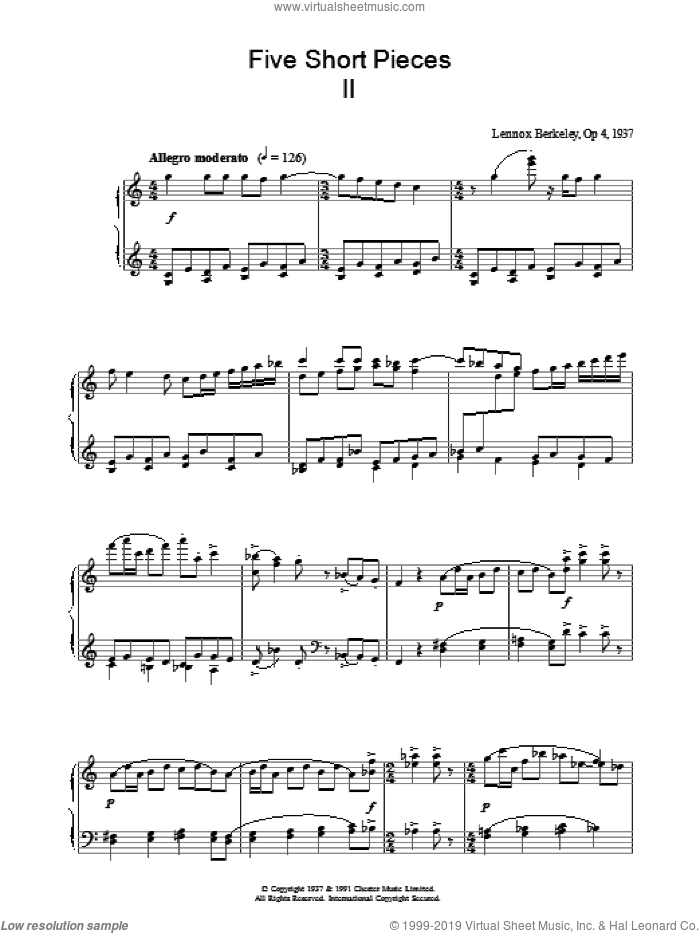 Five Short Pieces, No. 2, Op. 4 sheet music for piano solo by Lennox Berkeley, classical score, intermediate skill level