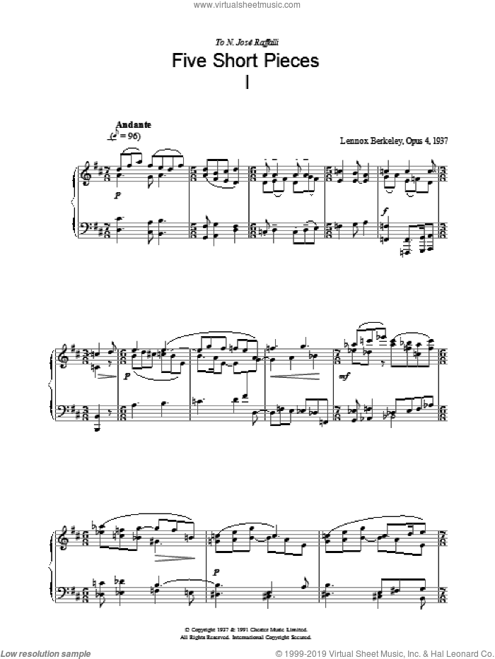 Five Short Pieces, No. 1, Op. 4 sheet music for piano solo by Lennox Berkeley, classical score, intermediate skill level