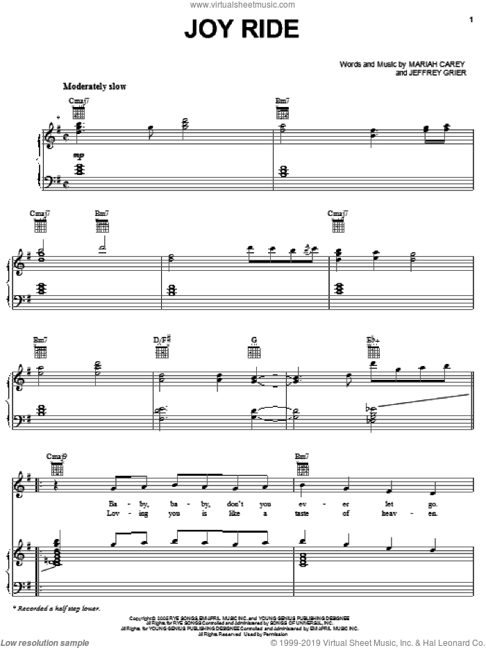 Joy Ride sheet music for voice, piano or guitar by Mariah Carey and Jeffrey Grier, intermediate skill level