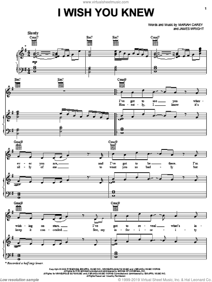 I Wish You Knew sheet music for voice, piano or guitar by Mariah Carey and James Wright, intermediate skill level