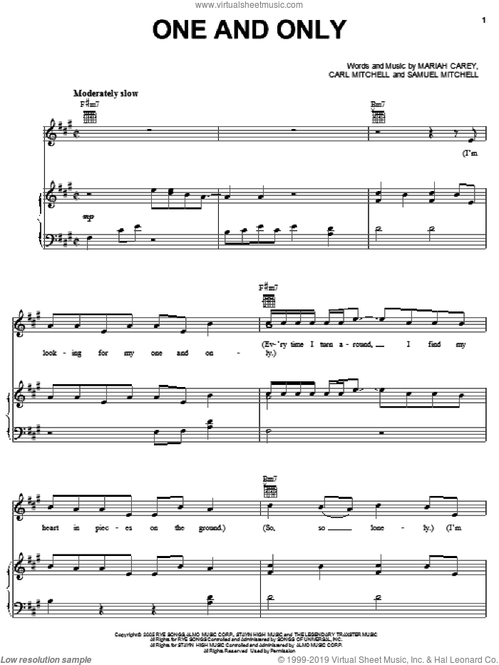 One And Only sheet music for voice, piano or guitar by Mariah Carey, Carl Mitchell and Samual Mitchell, intermediate skill level