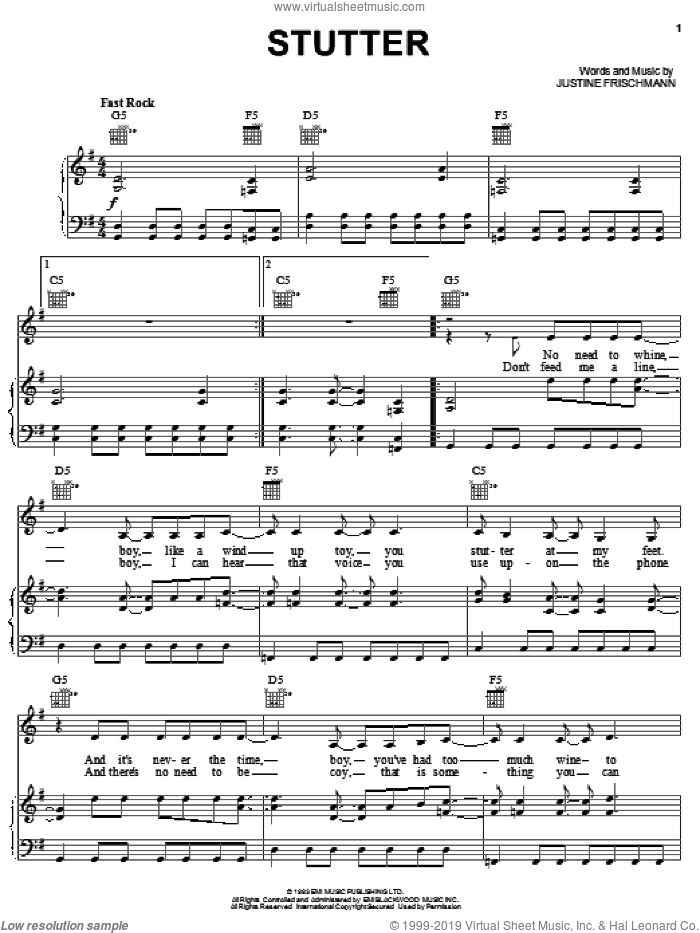 Stutter sheet music for voice, piano or guitar by Elastica and Justine Frischmann, intermediate skill level