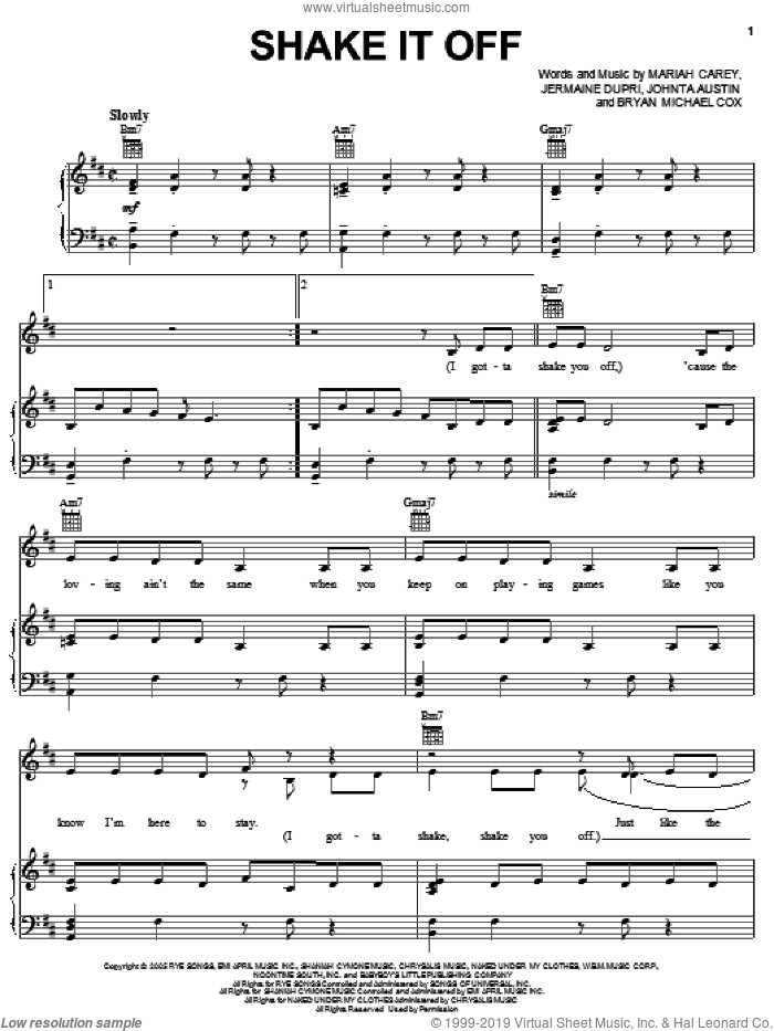Shake It Off sheet music for voice, piano or guitar by Mariah Carey, Bryan Michael Cox, Jermaine Dupri and Johnta Austin, intermediate skill level