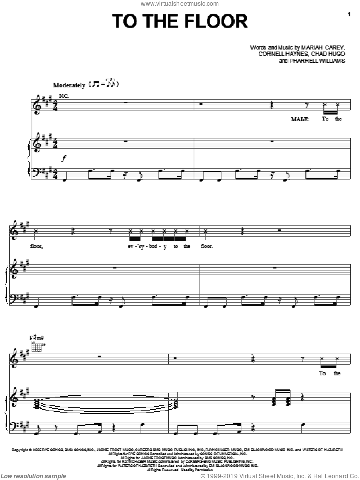 To The Floor sheet music for voice, piano or guitar by Mariah Carey, Chad Hugo, Cornell Haynes and Pharrell Williams, intermediate skill level