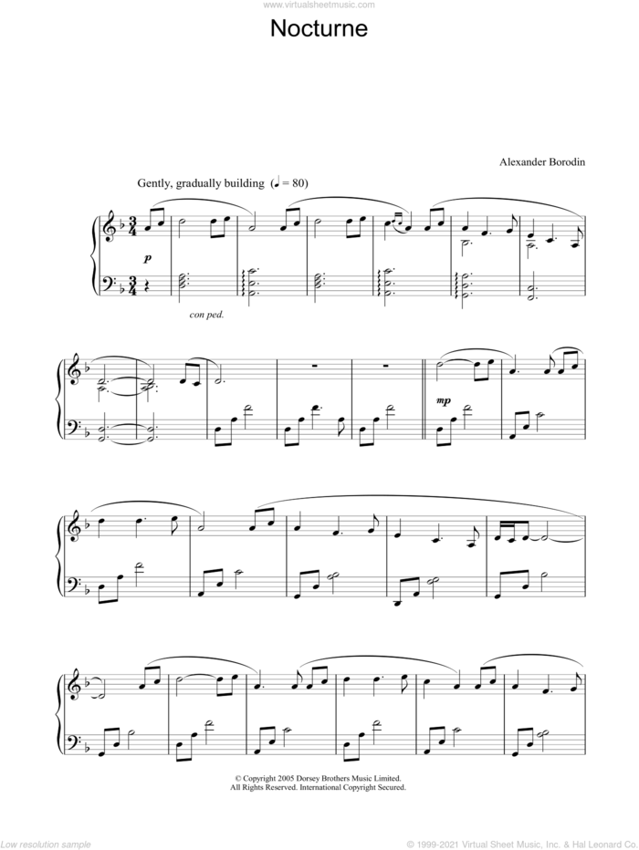 Nocturne sheet music for piano solo by Alexander Borodin, classical score, intermediate skill level