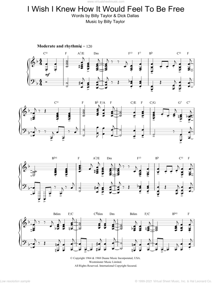 I Wish I Knew How It Would Feel To Be Free, (intermediate) sheet music for piano solo by Billy Taylor, Dick Dallas and Miscellaneous, intermediate skill level