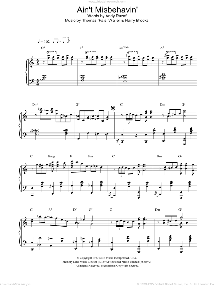 Ain't Misbehavin' sheet music for piano solo by Andy Razaf, Thomas Waller, Thomas Waller and Harry Brooks, intermediate skill level