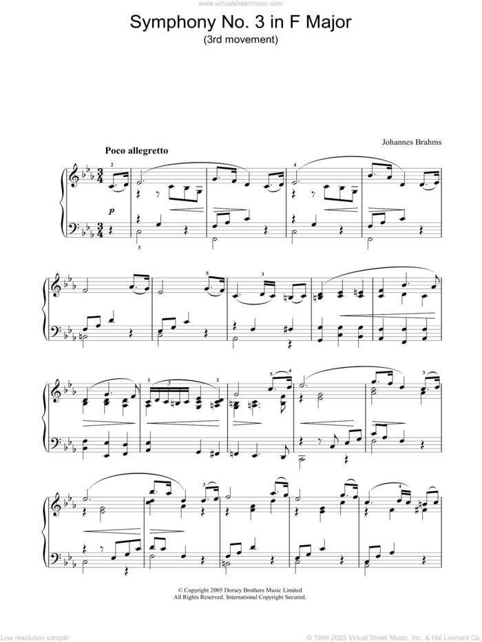Symphony No. 3 In F Major (3rd movement: Poco allegretto) sheet music for piano solo by Johannes Brahms, classical score, intermediate skill level
