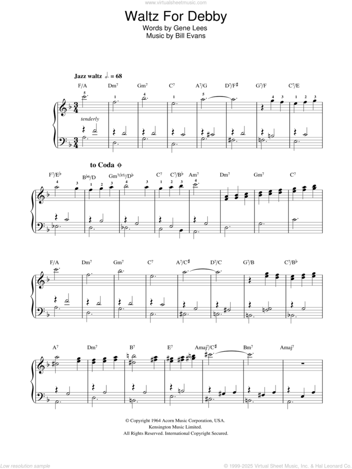 Waltz For Debby sheet music for voice, piano or guitar by Bill Evans and Eugene John Lees, intermediate skill level