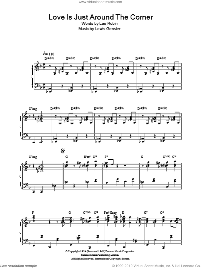 Love Is Just Around The Corner sheet music for piano solo by Bing Crosby, Leo Robin and Lewis E. Gensler, intermediate skill level