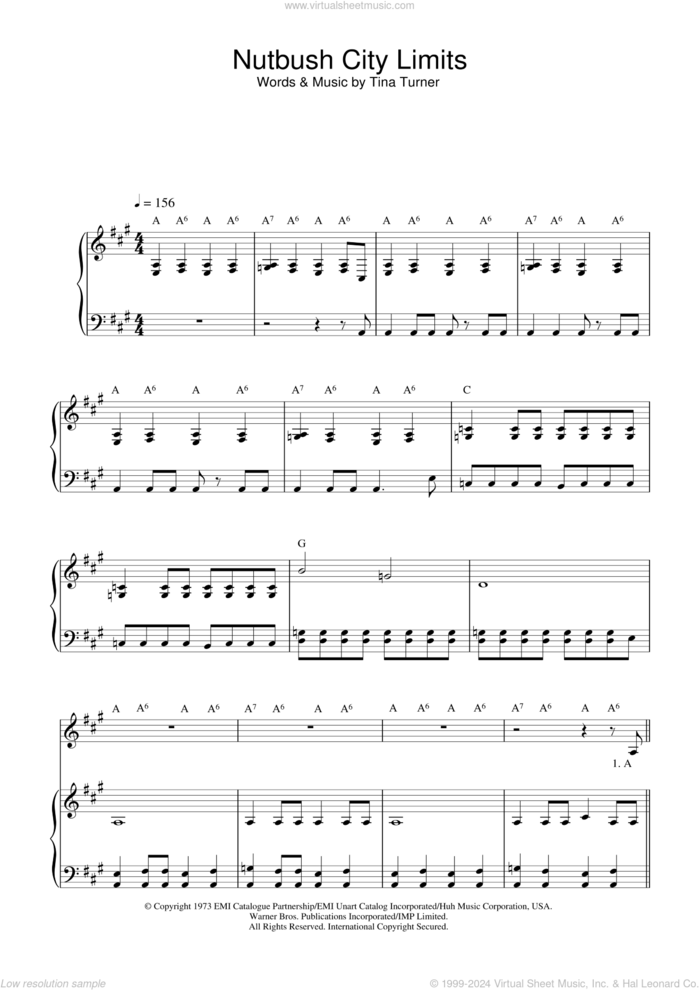 Nutbush City Limits sheet music for voice and piano by Ike & Tina Turner and Tina Turner, intermediate skill level