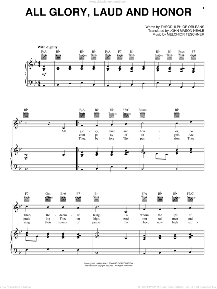 All Glory, Laud And Honor sheet music for voice, piano or guitar by John Mason Neale, Melchior Teschner and Theodulph of Orleans, intermediate skill level