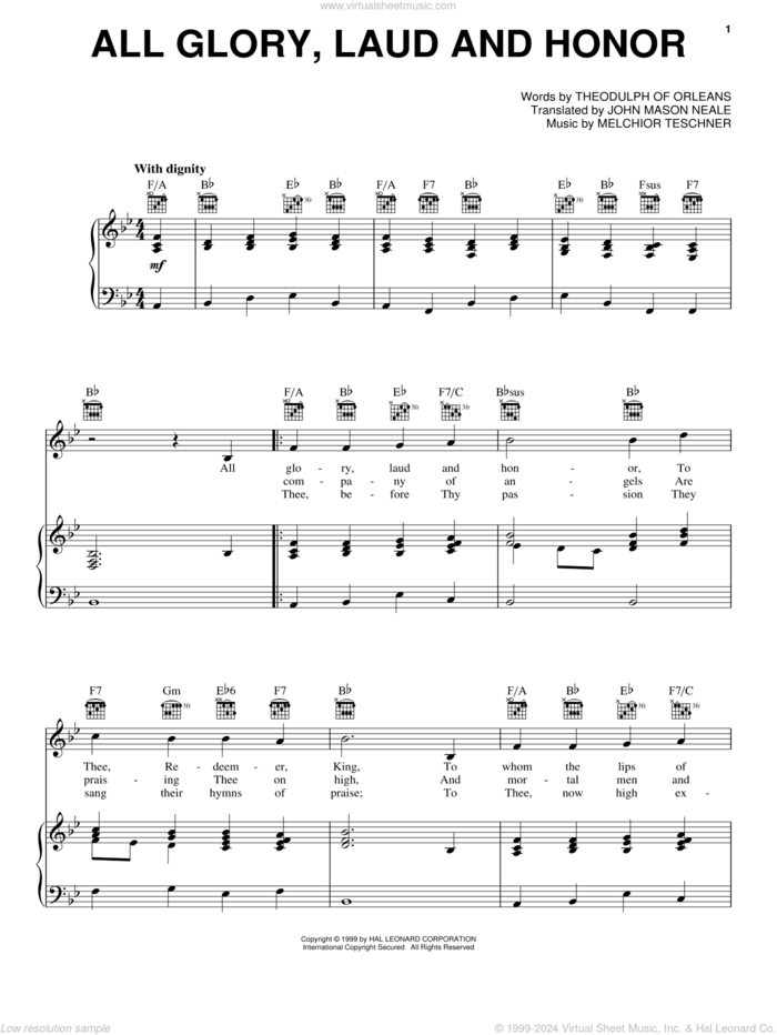 All Glory, Laud And Honor sheet music for voice, piano or guitar by John Mason Neale, Melchior Teschner and Theodulph of Orleans, intermediate skill level