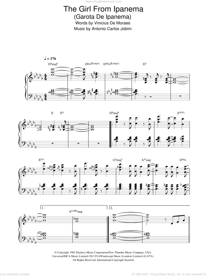 The Girl From Ipanema (Garota De Ipanema) sheet music for piano solo by Antonio Carlos Jobim and Vinicius de Moraes, intermediate skill level