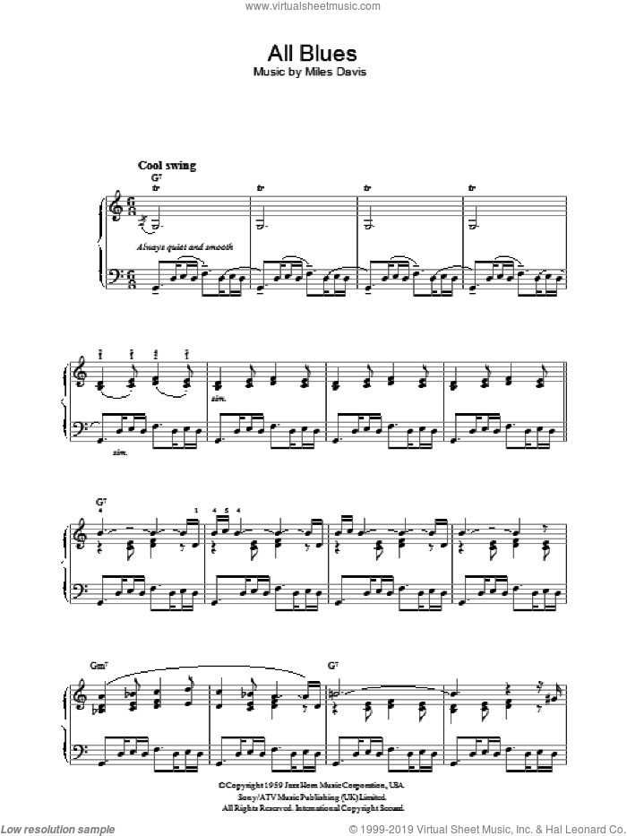All Blues sheet music for piano solo by Miles Davis, intermediate skill level