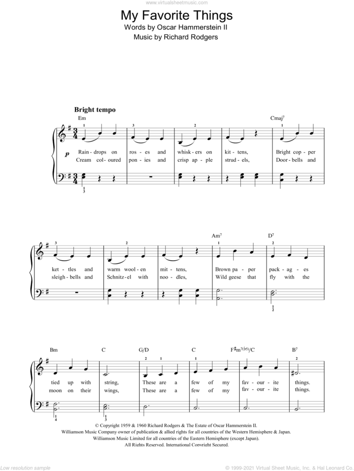 My Favorite Things sheet music for piano solo by Rodgers & Hammerstein, The Sound Of Music (Musical), Oscar II Hammerstein and Richard Rodgers, easy skill level