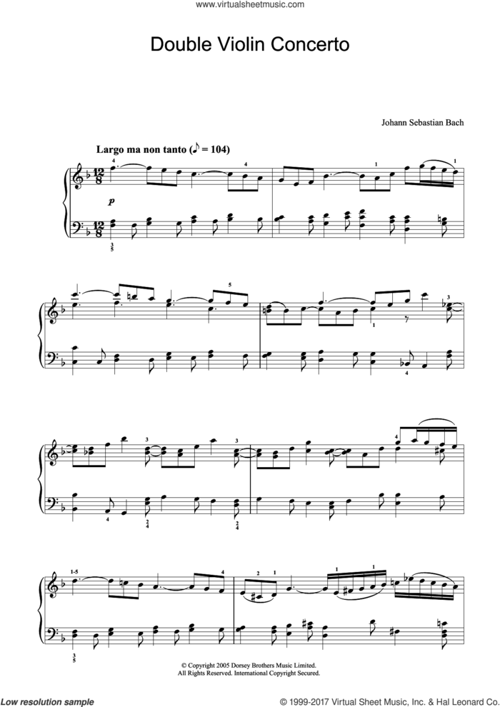 Double Violin Concerto, 2nd Movement sheet music for piano solo by Johann Sebastian Bach, classical score, intermediate skill level