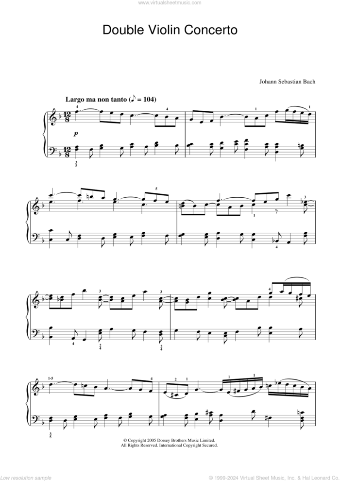 Double Violin Concerto, 2nd Movement sheet music for piano solo by Johann Sebastian Bach, classical score, intermediate skill level