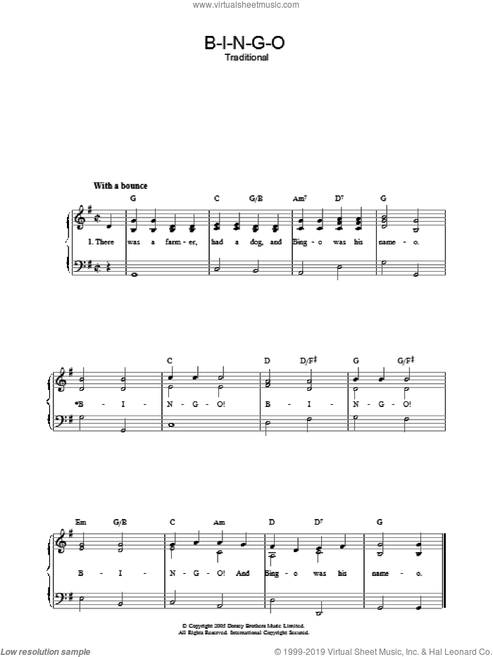 B-I-N-G-O sheet music for voice, piano or guitar, intermediate skill level