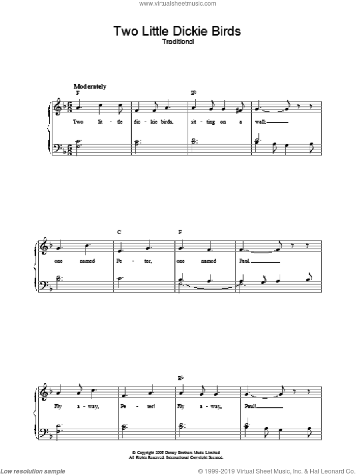 Two Little Dickie Birds sheet music for voice, piano or guitar, intermediate skill level