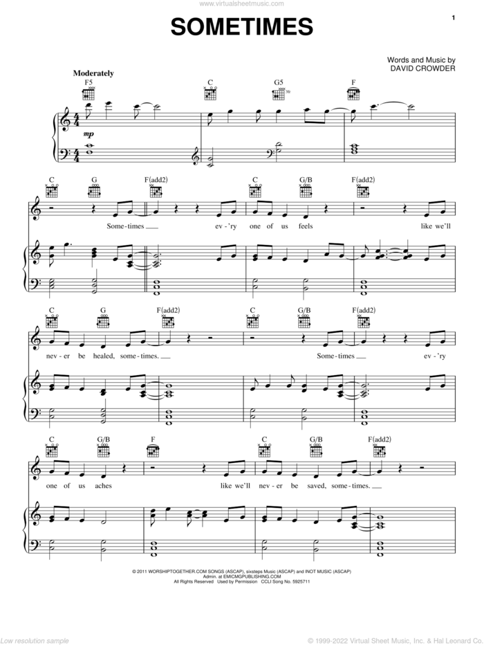 Sometimes sheet music for voice, piano or guitar by David Crowder Band and David Crowder, intermediate skill level